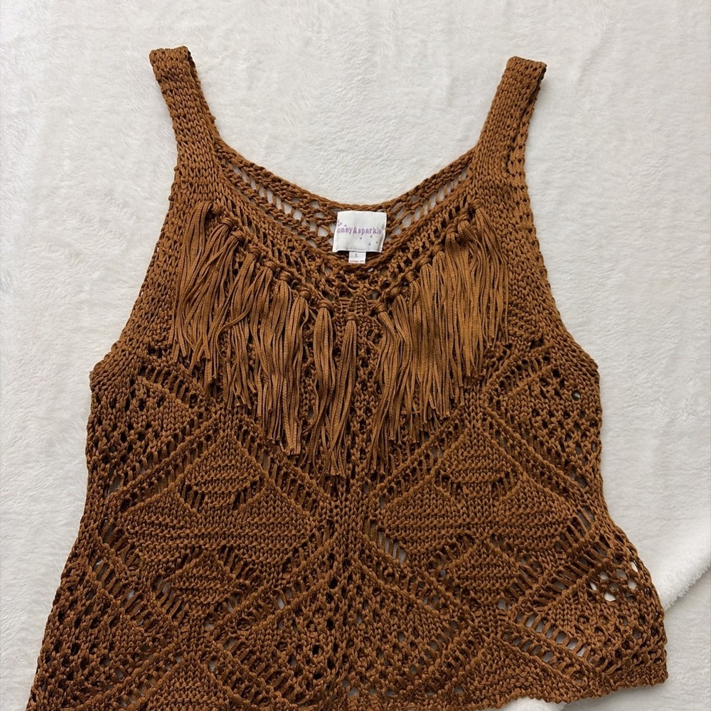 Boho Honey & Sparkle Crocheted Tank Womens Size Large Brown Sleeveless Pullover‎